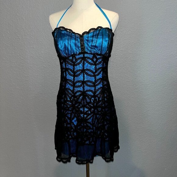 Betsey Johnson Dresses & Skirts - Vintage Prom Dress BETSEY JOHNSON Bustier Bar Maid Black Lace over Blue -NWOT 8